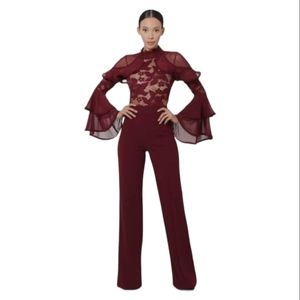 Brand New Maroon Lace Ruffle Long Sleeve Jumpsuit